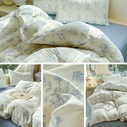 LifeTB Muslin Duvet Cover Set Full Vintage Botanical Floral Duvet Cover 100% Cotton Linen Feel Flower Bedding Set Super Soft Gauze Comforter Cover Breathable Lightweight Cottagecore Bedding Set