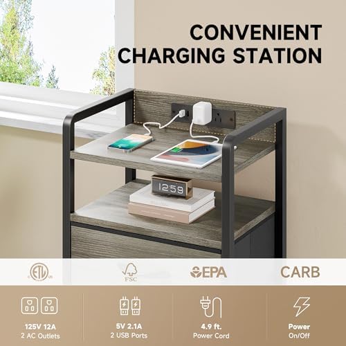 Lazzanto Nightstand with Rear Charging Station, LED Light, 4 Drawers, Grey