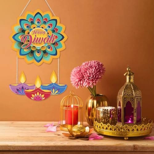 LHIUEM Happy Diwali Wood Signs Diwali Party Games Wall Decor Set of 2(10“X20”)Lotus Hangings Decoration Indian Happy Diwali Banner Wooden Decor Diwali Decorations for Home Housewarming Indian Garland