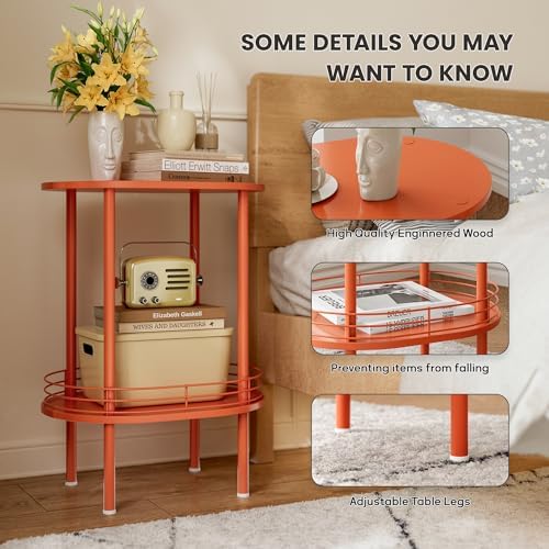 Small Oval Side Table with Storage,2-Tier Orange End Table for Small Space