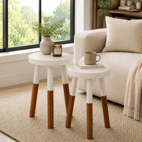 LitaEther Modern Side Table Set of 2, Solid Wood Accent Table,12" D x 12" W x 20" H & 12" D x 12" W x 18" H Small End Table for Living Room Bedroom, Plant Stand, Bathroom Stool, Pedestal Drink Table