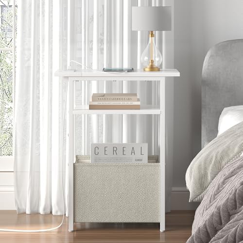 sthmec Narrow Side Table with Charging Station, Small End Table for Small Spaces, Skinny Nightstands with Storage Basket, 3 Tier Sofa Couch Bedside Tables for Living Room,Bedroom, White