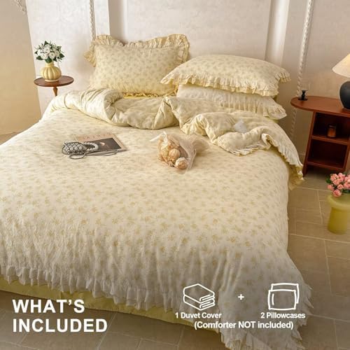 Aesthetic 100 Cotton 2 Layer Muslin Duvet Cover Set 3 Pcs(1 King Size Duvet Cover with 2 Pillowcases),Yellow Bedding Set with Zipper Ties,Lightweight Breathable Comforter Covers 104"×90"
