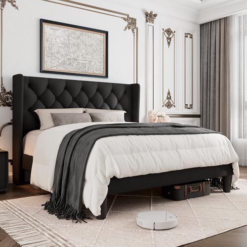 GalnFu Full Size Bed Frame with Button Tufted Headboard, Upholstered Platform Bed Frame with UnderBed Storage, Wooden Slats Supports, Noise Free, No Box Spring Needed, Easy Assembly, Black