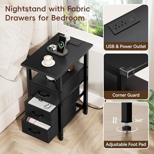 Vagusicc Black Nightstand with Charging Station and LED Lights, Narrow End Table, LED Nightstand with 3 Fabric Drawers for Bedroom, Small Night Stand, Narrow Side Table for Small Spaces, Black