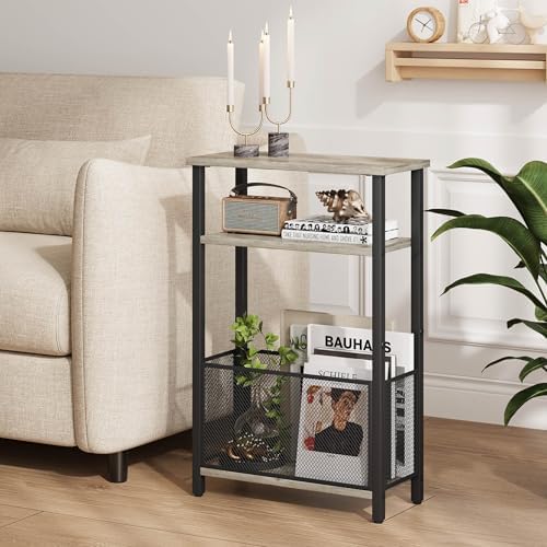 MMEOLUOOK Narrow Side Table with Storage Basket Skinny End Tables for Smalls Spaces 3 Tier Sofa Table Small Nightstand Slim Bedside Table for Living Room Bedroom Oak MLBZ22Q