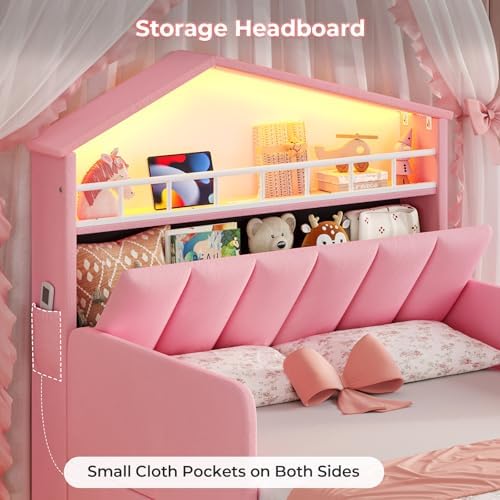 ADORNEVE Girls Twin Bed with Safety Guardrail,Pink