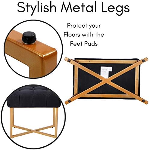 BIRDROCK HOME Rectangle Tufted Linen Ottoman Foot Rest - 19.7x11.82x17.73” Small Foot Stool with Legs - Padded Footrest Modern Ottomans for Living Room Furniture, Bedroom Footstool (Black)