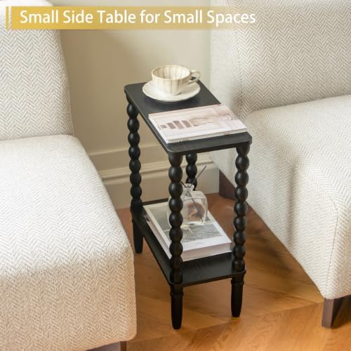 Fultyle Black Narrow Side Table, Narrow End Table with Shelf, Bedside Table
