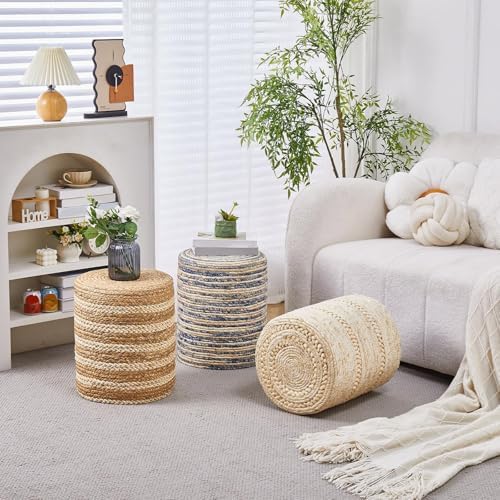 14" Boho Pouf Patio Ottomans Natural Straw Handweave Rustic Round Footstool