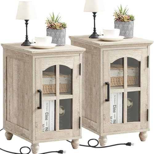 Narrow Side Table Set of 2, Farmhouse Nightstand with Charging Station