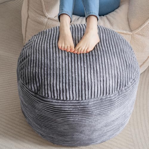 HIGOGOGO Round Stuffed Pouf Ottoman, Corduroy Poufs with Foam Chunk Filling, Furry and Fluffy Pouf Foot Stool Storage Ottoman, 26 X 18 Floor Poufs Foot Rest for Living Room, Dark Grey