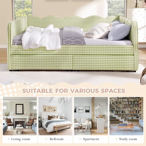 Queen Size Daybed with Storage Drawers, Linen Gingham Daybed with USB Ports & Wave Shaped, Upholstered Day Bed Frame, Modern Sofa Bed for Living Room/Bedroom/Guest Room, No Box Spring Needed, Green
