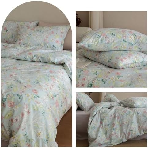 HighBuy Garden Floral Duvet Cover Set Twin Blue,100% Cotton Comforter Cover Chic Cottagecore Soft Breathable Bedding Set for Teen Girls,3 Piece Farmhouse Duvet Cover with 2 Pillowcase