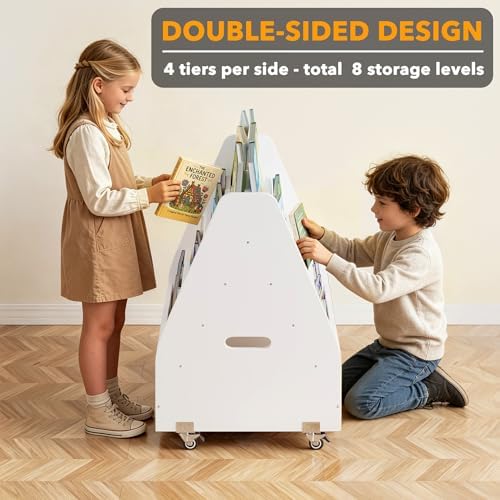 SpaceAid Double-Sided Mobile Bookshelf, Montessori Bookcase for Toddlers, Wooden Book Storage Organizer Shelf Furniture for Kids Rooms, Playroom, Nursery and Classroom, 29.5“ Wide 4-Tier, White