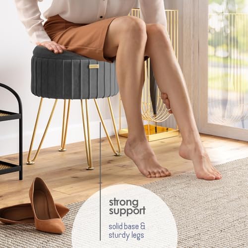 Round Ottoman with Storage, Pleated Velvet Storage Ottoman, Foot Stool Ottomans, Makeup Vanity Stool, Small Ottomans Foot Rest, Modern Vanity Stools for Living Room and Bedroom, Grey