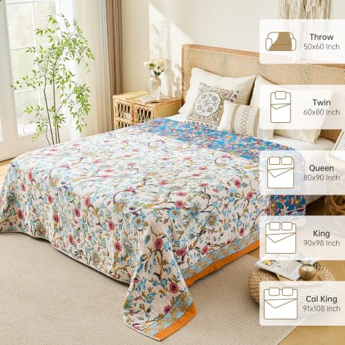 VANJOROY Boho Throw Blanket, 100% Organic Cotton Breathable Skin-Friendly Ultra Soft 60" x 80" Bed Quilt Throw - Floral Rustic Decor Luxury Reversible Blanket for Sofa Couch Chair and Gift,