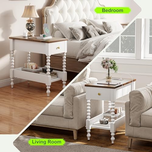 YOSHOOT Farmhouse End Table with Charging Station, Narrow Side Table