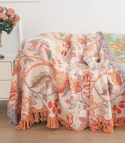 Boho Throw Blanket for Bed 100% Cotton Bohemian Blankets Ultra Soft Woven Muslin Decorative Blankets All Seasons Vintage Quilt Knitted Blanket for Sofa Chair(Orange, 90"x98")