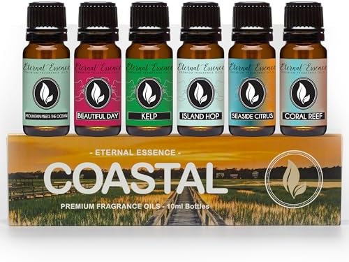 Eternal Essence Oils Coastal Set of 6 Premium Fragrance Oils - Includes Mountain Meets Ocean, Seaside Citrus, Island Hop, Kelp, Beautiful Day, and Coral Reef Scented Oils - 10ML