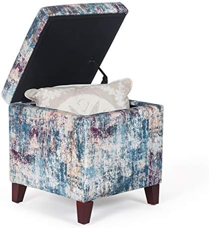 Adeco 18 Inch High Cube Ottoman Storage, Linen Chair Foot Stools, Upholstered Vanity Stool with Hinged Lid, Solid Wood Legs