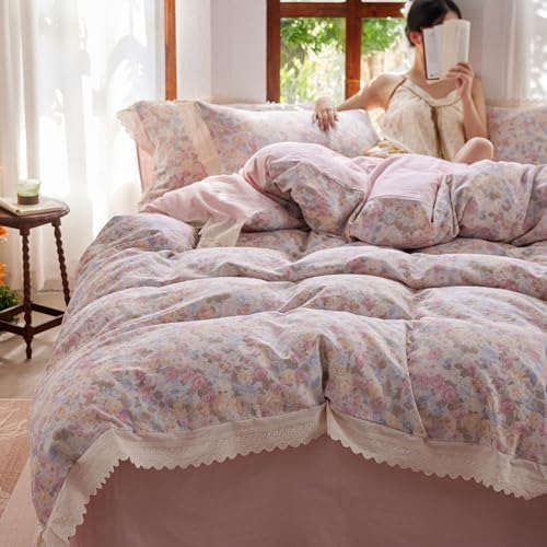 HighBuy Pink Floral Muslin Duvet Cover Twin XL,Ruffle Lace Floral Bedding Set for Girl College,Soft Gauze Cotton Comforter Cover with Zipper for Hot Sleepers,Breathable & Fade-Resistant