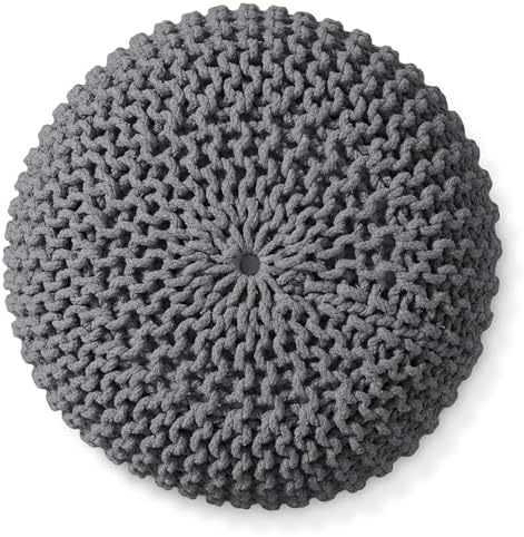 Casafield Round Pouf Ottoman, Dark Gray - 20" Diameter x 14.5" High Cotton Knit Foot Stool - Boho Floor Pouffe for Living Room, Bedroom, Home Office