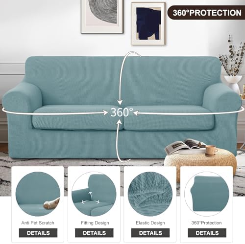 U-NICE HOME 3 Pieces Stretch Couch Cover Sofa Slipcover, Light Blue