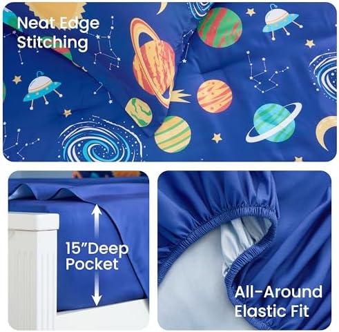 Joiedomi Kids Comforter Set Bedding Set for Boys Girls Super Soft Microfiber Bed in a Bag with Comforter Sheets Pillowcase Sham, Dark Blue Cosmic Space, Full