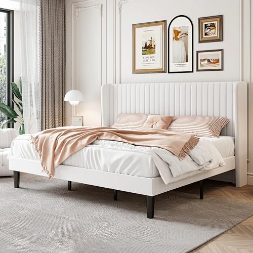 SHA CERLIN King Size Velvet Bed Frame, Tufted Wingback Headboard, White