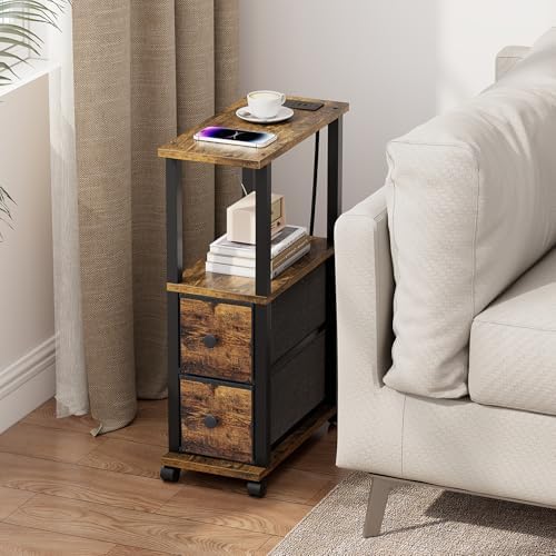 TUTOTAK Small Narrow End Tables, Side Tables with 2 Fabric Drawers, Set of 2, Bedside Tables with Charging Station for Small Spaces, Slim Nightstands with USB Ports and Wheels, TB01BB053C