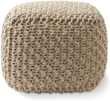 Casafield Square Pouf Ottoman, Beige Ivory - 18.5" W x 18.5" D x 14.5" H Cotton Knit Foot Stool - Boho Floor Pouffe for Living Room, Bedroom, Office
