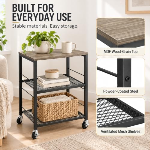Grey End Table, Wood Coffee Table Stand, Nightstand with Storage Shelves