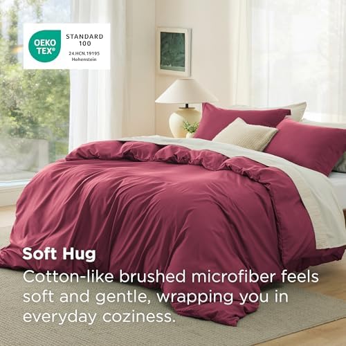 Bedsure Duvet Cover Queen Size, 3Pcs Double Brushed Bedding Set, Dark Red