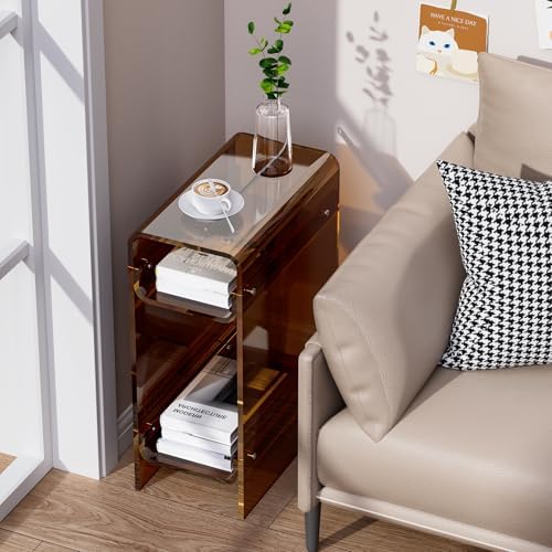 Clear Acrylic Side Table, Narrow Nightstand Bedside Table for Bedroom, Skinny Small End Table (Dark Brown, 8.7'' x 15.7'' x 21.7")