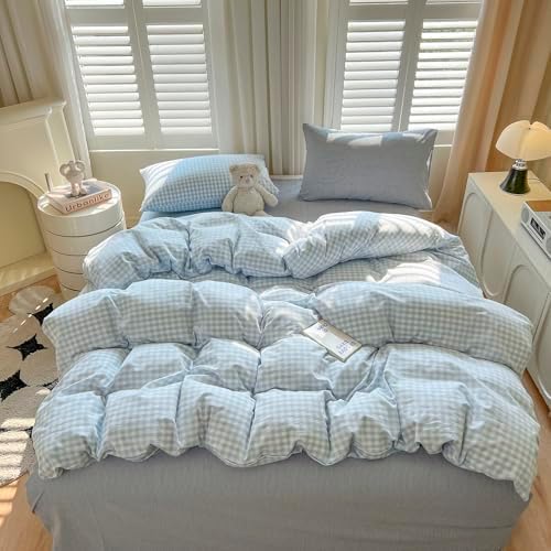 Gingham Duvet Cover Set,Cotton,Queen (90"x90"),Blue White Plaid