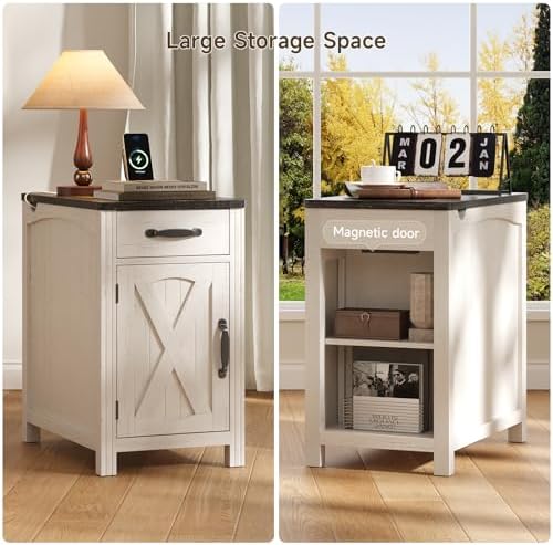 ONBRILL Farmhouse End Table with Charging Station,Rustic White