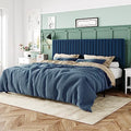 Allewie King Bed Frame, Velvet Upholstered Platform Bed with Adjustable Vertical Channel Tufted Headboard, Mattress Foundation with Strong Wooden Slats, Box Spring Optional, Easy Assembly, Navy Blue
