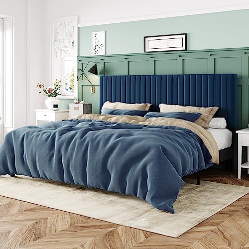 Allewie King Bed Frame, Velvet Upholstered Platform Bed with Adjustable Vertical Channel Tufted Headboard, Mattress Foundation with Strong Wooden Slats, Box Spring Optional, Easy Assembly, Navy Blue