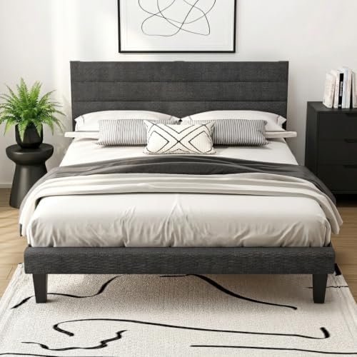 VINGLI Queen Upholstered Platform Bed Frame with Headboard,Linen Dark Gray