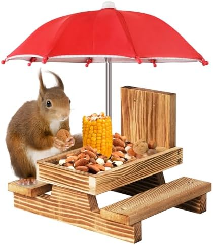 Gnodary Squirrel Feeder with Umbrella, Squirrel Feeders for Outside, Squirrel Picnic Table Feeder - Chipmunk Feeder Hold Corn, Corn Cob, Peanuts Style2 (Red)
