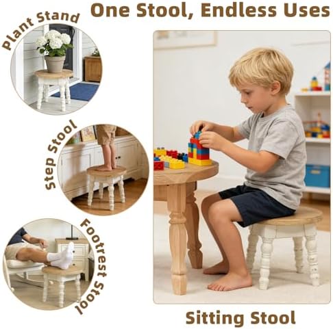 Vintage Solid Wood Step Stool, Round Farmhouse Wooden Stool, Easy Assembly for Kids, Plant Stand or Bathroom Kitchen French Country Shabby Chic Decor
