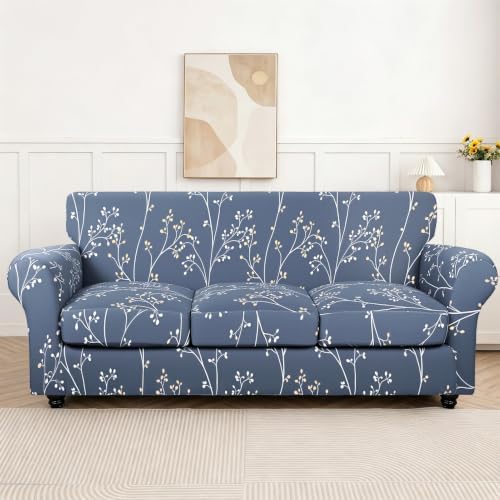 SearchI Stretch Sofa Cover Printed Couch Cover, Floral Pattern 4 Pieces Sofa Slipcover with 3 Separate Cushion Cover, Washable Furniture Protector for Living Room(Sofa, Gray Blue)