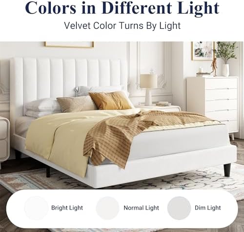Allewie Full Bed Frame/Velvet Upholstered Bed Frame with Vertical Channel Tufted Headboard/Strong Wooden Slats/Platform Bed Frame/Mattress Foundation/Box Spring Optional/Easy Assembly/White