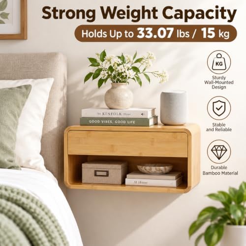 Bamboo Floating Nightstand with Storage Drawer for Living Room Office