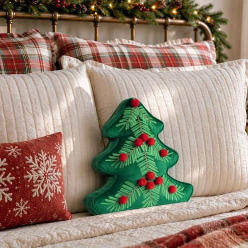 AELS Christmas Tree Pillow with Red Pom-pom, Embroidered Decorative Holiday Pillow, Holiday Throw Pillows for Christmas Decor, Plush Tree Shaped Decorative Pillows for Living Room Bedroom Sofa, Green