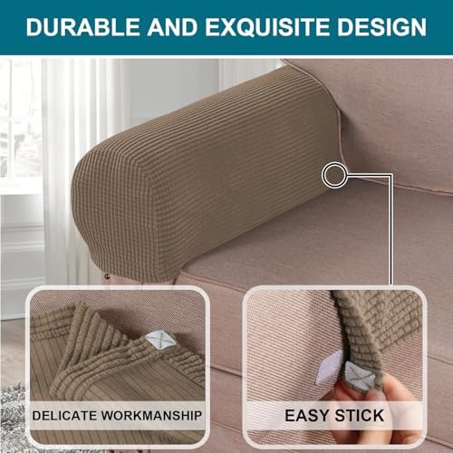 Turquoize Stretch Armrest Covers for Chairs and Sofas Couch Arm Covers for Sofa Spandex Jacquard Armrest Cover Anti-Slip Furniture Protector Armchair Slipcovers for Recliner Set of 2, Macchiato