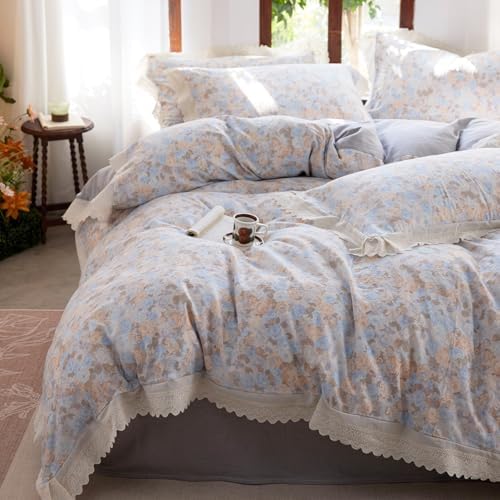 HighBuy Muslin Cotton Duvet Cover Full Ruffle Lace Floral Bedding French Style Floral Print,Vintage Duvet Cover Set Blush Flower Shabby Chic Gauze Bedding Comforter Cover Set