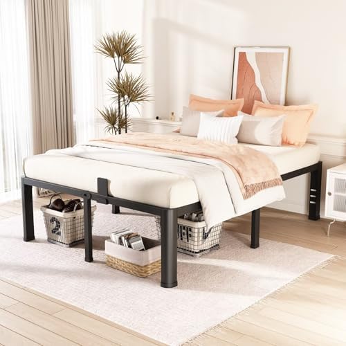 18 Inch Full Bed Frame with Rounded Corner and Headboard Hole Mattress Retainers 3500 LBS Metal Heavy Duty Steel Slats Support No Box Spring Needed Platform Noise Free Easy Assembly