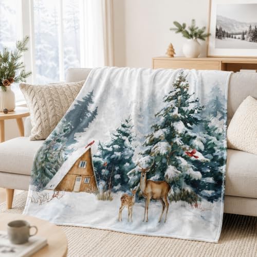 Winter Deer Throw Blanket, Snow Forest Flannel, 80 x 60